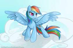 Size: 900x600 | Tagged: safe, artist:keyfeathers, rainbow dash, pegasus, pony, cloud, female, looking sideways, mare, sky, solo, spread wings, wings