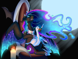 Size: 2500x1900 | Tagged: safe, artist:astralmelodia, artist:cosmalumi, nightmare moon, alicorn, bird, goose, pony, angry, arm fluff, bat wings, beak hold, chest fluff, crown, digital art, ear fluff, ethereal mane, ethereal wings, fangs, female, jewelry, knife, luna petting goose, mare, regalia, sitting, slit eyes, throne, untitled goose game, wings