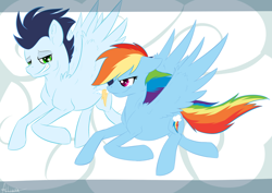 Size: 1024x723 | Tagged: safe, artist:rainbowaliona, rainbow dash, soarin', pegasus, pony, female, male, shipping, soarindash, straight