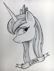 Size: 3024x4032 | Tagged: safe, artist:citizensmiley, princess luna, alicorn, pony, bust, crown, jewelry, monochrome, portrait, regalia, solo, traditional art