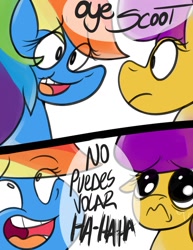 Size: 900x1165 | Tagged: safe, rainbow dash, scootaloo, pegasus, pony, scootabuse, spanish, translated in the comments, trolling