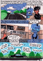 Size: 1394x1983 | Tagged: safe, artist:newyorkx3, princess luna, oc, oc:tommy, alicorn, pony, comic:young days, cadillac, car, comic, dialogue, music notes, s1 luna, traditional art