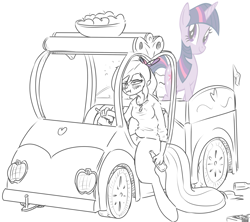 Size: 1739x1543 | Tagged: safe, artist:nobody, derpibooru import, twilight sparkle, oc, oc:darcy, satyr, apple, applejack truck, booze, cardboard twilight, driving, drunk, food, offspring, parent:big macintosh, solo