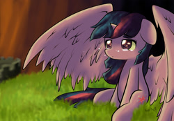 Size: 2000x1400 | Tagged: safe, artist:arielsbx, derpibooru import, twilight sparkle, twilight sparkle (alicorn), alicorn, pony, crying, female, floppy ears, mare, sitting, solo, spread wings