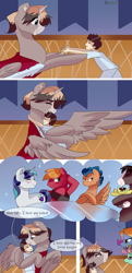 Size: 1932x4000 | Tagged: safe, artist:xjenn9fusion, big macintosh, flash sentry, shining armor, trouble shoes, oc, oc:aerial agriculture, oc:earthing elements, oc:king speedy hooves, oc:tommy the human, alicorn, human, pony, comic:fusing the fusions, comic:time of the fusions, alicorn oc, alicorn princess, canterlot, canterlot castle, child, comic, commissioner:bigonionbean, dialogue, father and child, father and son, female, fusion, fusion:aerial agriculture, fusion:earthing elements, fusion:king speedy hooves, grandparents, hat, hugging a pony, human oc, husband and wife, kissing, magic, male, mare, nuzzling, parent and child, royalty, ruffled hair, stallion, thought bubble, writer:bigonionbean