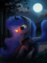 Size: 675x900 | Tagged: safe, artist:lollipony, princess luna, alicorn, butterfly, firefly (insect), pony, female, insect on nose, maple leaf, mare, moon, night, signature, solo