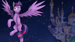 Size: 1366x768 | Tagged: safe, artist:kislysenpai, derpibooru import, twilight sparkle, twilight sparkle (alicorn), alicorn, pony, canterlot, female, flying, mare, solo