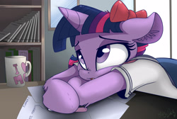 Size: 2800x1877 | Tagged: safe, artist:mistydash, derpibooru import, twilight sparkle, alicorn, semi-anthro, arm hooves, bored, bow, clothes, coffee mug, cute, ear fluff, female, hair bow, homework, i hate mondays, mug, sad, school uniform, sleepy, solo, twiabetes