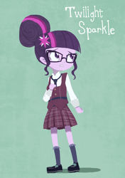 Size: 1222x1740 | Tagged: safe, artist:bronyraimu, derpibooru import, sci-twi, twilight sparkle, equestria girls, friendship games, anxiety, clothes, confused, crystal prep academy uniform, glasses, necktie, school uniform, shoes, simple background, skirt, socks, solo, uniform