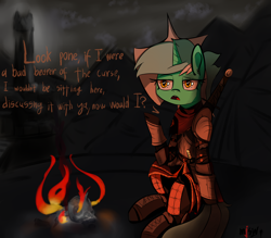 Size: 4000x3500 | Tagged: safe, artist:mjsw, lyra heartstrings, pony, unicorn, armor, bonfire, crossover, dark souls, monologue, reference, solo