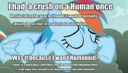 Size: 680x386 | Tagged: safe, rainbow dash, pegasus, pony, bronybait, human fetish, image macro, sad