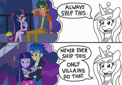 Size: 916x637 | Tagged: safe, artist:threetwotwo32232, edit, screencap, flash sentry, princess cadance, sci-twi, timber spruce, twilight sparkle, alicorn, better together, equestria girls, rainbow rocks, star crossed, always ship this, backwards, comic, dialogue, exploitable, exploitable meme, female, flashlight, geode of telekinesis, male, meme, my hero academia, parody, shipper on deck, shipping, straight, telling lies, timbertwi