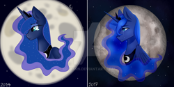 Size: 1024x512 | Tagged: safe, artist:keeharn, princess luna, alicorn, pony, comparison, crown, draw this again, jewelry, moon, regalia, sad, watermark