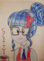 Size: 974x1345 | Tagged: safe, artist:blazingdazzlingdusk, derpibooru import, sci-twi, twilight sparkle, equestria girls, friendship games, cup, drawing, mug, smiling, solo, traditional art