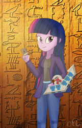 Size: 1350x2100 | Tagged: safe, artist:egstudios93, derpibooru import, twilight sparkle, equestria girls, ancient egypt, card, dark magician, duel disk, egyptian, hieroglyphics, solo, yu-gi-oh!