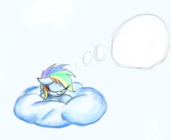 Size: 1677x1376 | Tagged: safe, rainbow dash, pegasus, pony, blue coat, cloud, dream, female, mare, multicolored mane