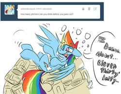 Size: 991x768 | Tagged: safe, artist:cider, rainbow dash, pegasus, pony, ask cider dash, cider, drunk, drunker dash, pile, solo