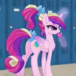 Size: 3100x3100 | Tagged: safe, artist:kp-shadowsquirrel, artist:oil, derpibooru exclusive, princess cadance, alicorn, pony, bow, candy, female, food, high res, lollipop, lovebutt, mare, plot, solo, tail bow, teen princess cadance, tongue out, younger