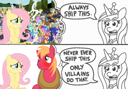 Size: 916x637 | Tagged: safe, artist:threetwotwo32232, edit, ahuizotl, apple bloom, big macintosh, bon bon, carrot top, discord, doctor horse, doctor stable, donut joe, flam, fluttershy, golden harvest, granny smith, gustave le grande, iron will, lyra heartstrings, mare do well, minuette, opalescence, princess cadance, princess celestia, princess luna, rarity, roseluck, screw loose, screwball, spike, sweetie belle, sweetie drops, twilight sparkle, alicorn, changeling, dragon, earth pony, griffon, pegasus, pony, unicorn, always ship this, anyone else, comic, dialogue, everyone else, exploitable, exploitable meme, female, fluttermac, male, meme, my hero academia, parody, princess of shipping, shipper on deck, shipping, simple background, sluttershy, straight