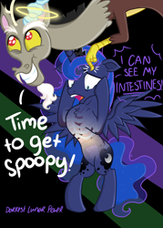 Size: 3445x4823 | Tagged: safe, artist:darkest-lunar-flower, discord, princess luna, alicorn, draconequus, pony, bipedal, cute, discute, female, guts, halo, heart, intestines, kidney, liver, lungs, male, mare, ribs, see-through, spoopy, stomach, transparent flesh