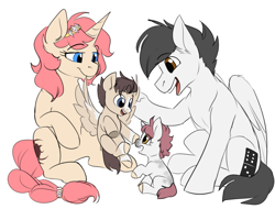 Size: 1250x950 | Tagged: safe, artist:cosmalumi, oc, oc only, oc:arcane word, oc:domino, pegasus, pony, unicorn, fanfic:friendship is optimal, cutie mark, family, father and child, female, foal, male, mare, mother and child, offspring, parent and child, parents:oc x oc, stallion, trans mare