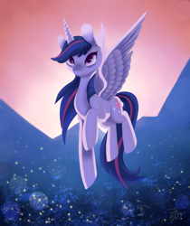 Size: 1624x1936 | Tagged: safe, artist:miss-cats, derpibooru import, twilight sparkle, twilight sparkle (alicorn), alicorn, firefly (insect), pony, female, flying, mare, mountain, solo, sunrise, wingding eyes