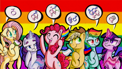 Size: 1280x721 | Tagged: safe, artist:rastaquouere69, derpibooru import, applejack, fluttershy, pinkie pie, rainbow dash, rarity, twilight sparkle, twilight sparkle (alicorn), alicorn, earth pony, pegasus, pony, unicorn, :t, asexual, ask rarity and pinkie, bedroom eyes, bisexuality, diversity, eyes closed, female, frown, gay, gay pride flag, genderqueer, glare, hoof hold, lesbian, lgbt, lgbt headcanon, magic, male, mane six, open mouth, pansexual, polyamory, pride, pride flag, sexuality, sexuality headcanon, smiling, telekinesis, transgender, unamused