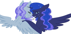 Size: 1023x488 | Tagged: safe, artist:ficklepickle9421, princess luna, oc, oc:winter lily, alicorn, pony, alicorn oc, crying, female, magical lesbian spawn, maternaluna, mother and child, mother and daughter, motherly, motherly love, offspring, parent and child, parent:oc:snowdrop, parent:princess luna, parents:canon x oc