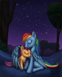 Size: 1000x1246 | Tagged: safe, artist:zevironmoniroth, rainbow dash, scootaloo, pegasus, pony, night, scootalove, winghug