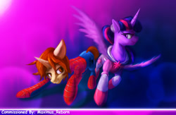 Size: 1000x650 | Tagged: safe, artist:g-haze, derpibooru import, twilight sparkle, twilight sparkle (alicorn), alicorn, pony, amethyst sorceress, crossover, crossover shipping, female, mare, peter parker, ponified, shipping, spider-man, spiders and magic: rise of spider-mane, spidertwi