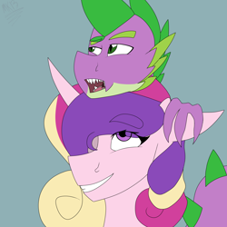 Size: 1688x1688 | Tagged: safe, artist:moonakart13, artist:moonaknight13, princess cadance, spike, alicorn, dragon, pony, chat, chatting, claws, fangs, leaning, smiling, talking