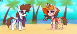 Size: 4500x2000 | Tagged: safe, artist:mjsw, oc, oc only, oc:majuvelliy, pegasus, pony, unicorn, beach, clothes, duo, female, food, ice cream, magic, mare, mlem, silly, sketch, swimsuit, tongue out