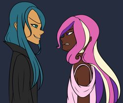 Size: 1711x1434 | Tagged: safe, artist:icey-wicey-1517, artist:xandriascript, princess cadance, queen chrysalis, human, collaboration, alternate hairstyle, black background, dark skin, duo, female, humanized, simple background