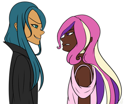 Size: 1711x1434 | Tagged: safe, alternate version, artist:icey-wicey-1517, artist:xandriascript, princess cadance, queen chrysalis, human, collaboration, alternate hairstyle, dark skin, duo, female, humanized, simple background, transparent background