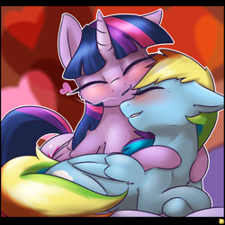 Size: 3600x3600 | Tagged: safe, artist:captainpudgemuffin, derpibooru import, rainbow dash, twilight sparkle, twilight sparkle (alicorn), alicorn, pegasus, pony, blushing, cute, dashabetes, eyes closed, female, floppy ears, fluffy, grin, heart, hug, lesbian, mare, neck nuzzle, nuzzling, prone, shipping, smiling, twiabetes, twidash