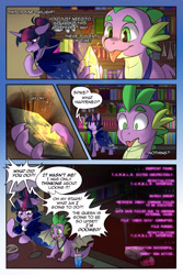 Size: 1280x1920 | Tagged: safe, artist:cosmalumi, spike, twilight sparkle, unicorn twilight, dragon, pony, unicorn, alternate universe, code, comic, duo, female, gem, hair bun, male, mare, slit eyes, speech bubble, tumblr:ask queen moon