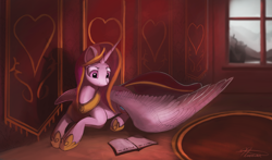 Size: 4000x2350 | Tagged: safe, alternate version, artist:auroriia, princess cadance, queen chrysalis, alicorn, changeling, changeling queen, pony, book, female, looking down, mare, prone, rug, solo, spread wings, window, wings