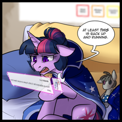 Size: 500x500 | Tagged: safe, artist:cosmalumi, smarty pants, twilight sparkle, unicorn twilight, pony, unicorn, alternate universe, doll, female, hair bun, hologram, mare, slit eyes, solo, speech bubble, toy, tumblr:ask queen moon