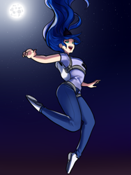 Size: 1323x1764 | Tagged: safe, artist:rileyav, princess luna, human, blue jeans, clothes, falling, female, harness, humanized, moon, night, parachute, shirt, solo, t-shirt, tack