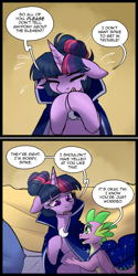 Size: 500x1003 | Tagged: safe, artist:cosmalumi, spike, twilight sparkle, unicorn twilight, dragon, pony, unicorn, alternate universe, comic, duo, female, male, mare, slit eyes, speech bubble, tumblr:ask queen moon, winged spike