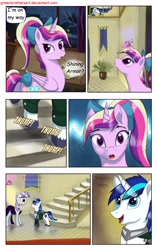 Size: 1950x3102 | Tagged: safe, artist:greenbrothersart, princess cadance, shining armor, twilight velvet, alicorn, pony, unicorn, comic:love is magic, clothes, comic, dress, female, male, mare, night, stairs, teen princess cadance, teenager