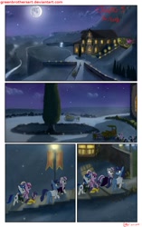 Size: 1950x3102 | Tagged: safe, artist:greenbrothersart, night light, princess cadance, shining armor, twilight sparkle, twilight velvet, unicorn twilight, alicorn, pony, unicorn, comic:love is magic, carriage, clothes, comic, dress, female, filly, filly twilight sparkle, full moon, male, mansion, mare, mare in the moon, moon, night, stallion, teen princess cadance, teenager, walking, younger