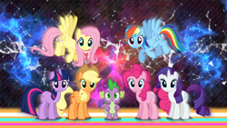 Size: 1920x1080 | Tagged: safe, artist:animerge, artist:dashiesparkle, derpibooru import, applejack, fluttershy, pinkie pie, rainbow dash, rarity, spike, twilight sparkle, dragon, earth pony, pegasus, pony, unicorn, constellation, group shot, looking at you, mane seven, mane six, nebula, vector, wallpaper