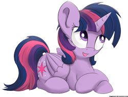 Size: 1473x1115 | Tagged: safe, artist:bugplayer, derpibooru import, edit, twilight sparkle, twilight sparkle (alicorn), alicorn, pony, alternate hairstyle, bugplayer is trying to murder us, cute, female, looking up, mare, open mouth, prone, simple background, smiling, solo, transparent background, twiabetes