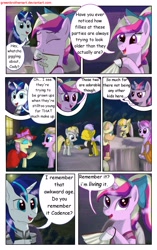 Size: 1950x3102 | Tagged: safe, artist:greenbrothersart, princess cadance, shining armor, twilight sparkle, unicorn twilight, oc, alicorn, earth pony, pegasus, pony, unicorn, comic:love is magic, clothes, colt, comic, dress, fan, female, filly, filly twilight sparkle, makeup, male, night, party, table, teen princess cadance, teenager, younger