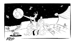 Size: 2560x1440 | Tagged: safe, artist:spirittis, discord, princess luna, alicorn, pony, inktober, inktober 2017, long, moon, space