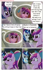 Size: 1950x3102 | Tagged: safe, artist:greenbrothersart, princess cadance, shining armor, twilight sparkle, unicorn twilight, alicorn, pony, unicorn, comic:love is magic, clothes, comic, cup, dress, drinking, female, filly, filly twilight sparkle, male, night, party, table, teen princess cadance, teenager, younger