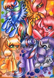 Size: 807x1159 | Tagged: safe, artist:emi-288, derpibooru import, applejack, fluttershy, pinkie pie, rainbow dash, rarity, twilight sparkle, earth pony, pegasus, pony, unicorn, mane six, traditional art