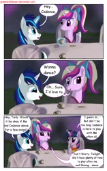 Size: 1950x3102 | Tagged: safe, artist:greenbrothersart, princess cadance, shining armor, twilight sparkle, alicorn, pony, unicorn, comic:love is magic, comic, cup, female, filly, filly twilight sparkle, male, night, party, table, teen princess cadance, teenager, younger