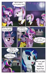 Size: 1950x3102 | Tagged: safe, artist:greenbrothersart, fancypants, fleur-de-lis, princess cadance, shining armor, twilight sparkle, unicorn twilight, alicorn, pony, unicorn, comic:love is magic, cake, clothes, comic, dress, female, filly, filly twilight sparkle, food, male, night, party, teen princess cadance, teenager, tongue out, younger